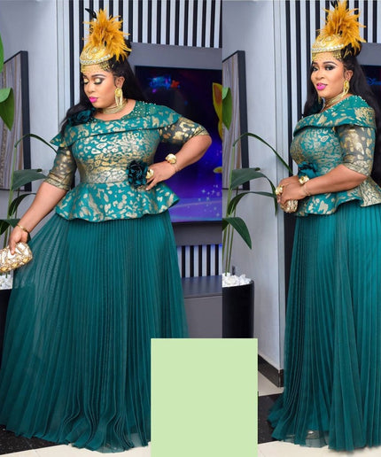 African Dress Women Pleated Embellished Peplum Maxi Gown