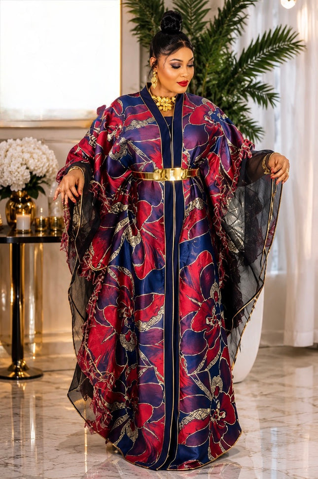 Luxury Blue Brocade Kaftan Dress 2-Piece Set, Formal Wedding Guest Mother of The Bride Graduation Church Gala Anniversary Plus Size Party Outfit