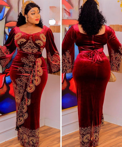 Burgundy Velvet Embellished Ruffle Dress - African Birthday Party Attire Nigerian Wedding Guest Engagement Ceremony