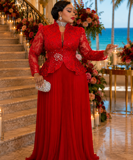 Fabulous Red Sequin Embellished Pleated Twirl A-Line Maxi Dress for Wedding Guest Mother of Bride Outfit Cocktail Party Reception Birthday Church Anniversary Formal Evening Gown