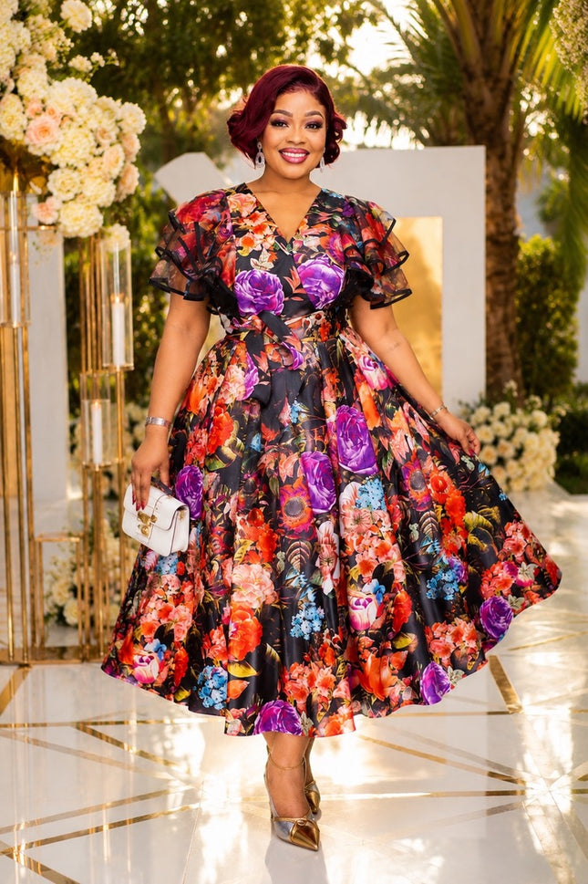 White Floral Ruffle Sleeve Twirl Skater Midi Dress - Wedding Guest Graduation Church Anniversary Birthday Cocktail Tea Party Outfit