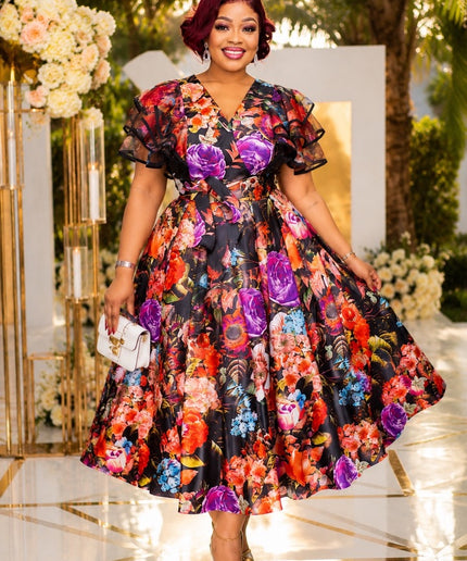 Yellow Floral Ruffle Sleeve Twirl Flare Skater Midi Dress - Wedding Guest Graduation Church Anniversary Birthday Cocktail Tea Party Outfit