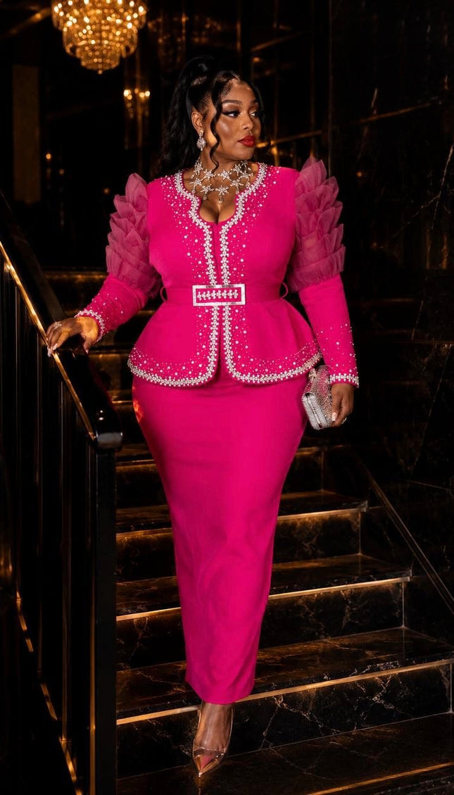 Pink Ruffle Sleeve Rhinestone Embellished 2-Piece Suit Skirt Set, Wedding Guest Mother of The Bride