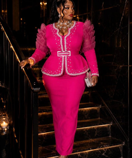 Pink Ruffle Sleeve Rhinestone Embellished 2-Piece Suit Skirt Set, Wedding Guest Mother of The Bride