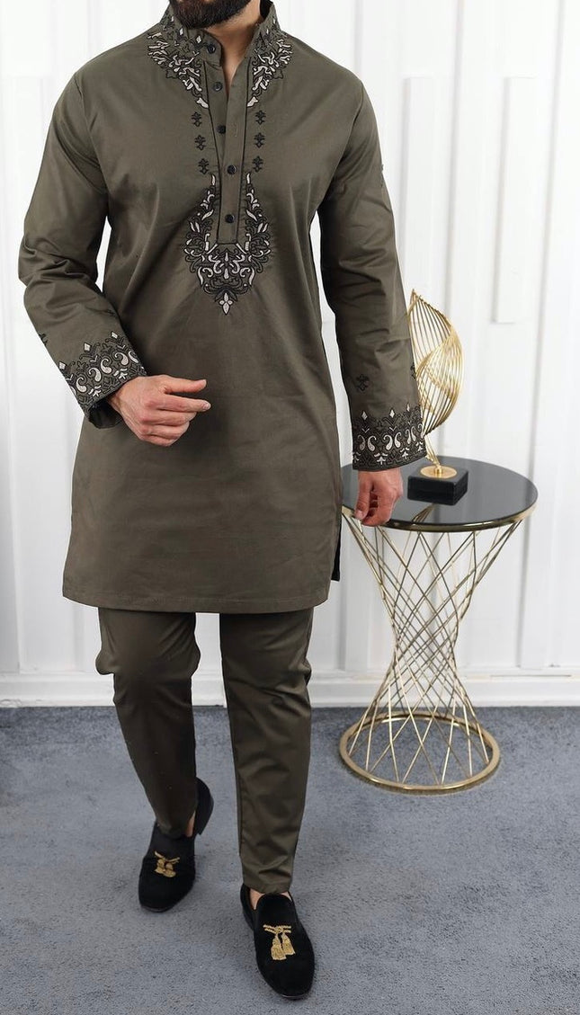 White African Men's Clothing Matching Embroidered Shirt Pants Cotton | 7 Colors