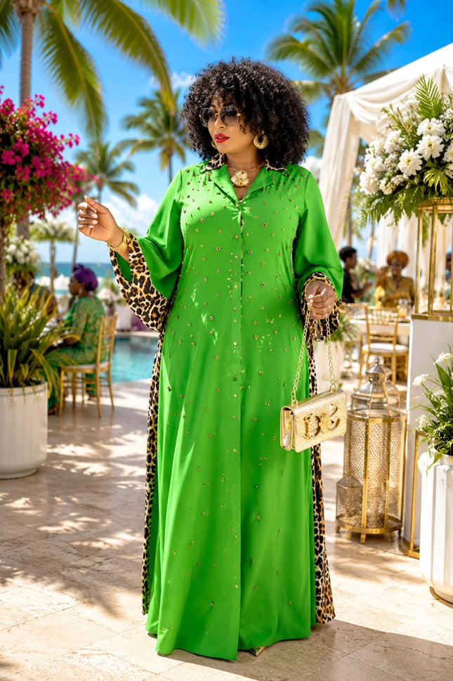 Luxury Green Embellished Leopard Bubu Kaftan Maxi Dress for Birthday Cocktail Dinner Party Wedding Guest Church Weekend Get-Together Outfit