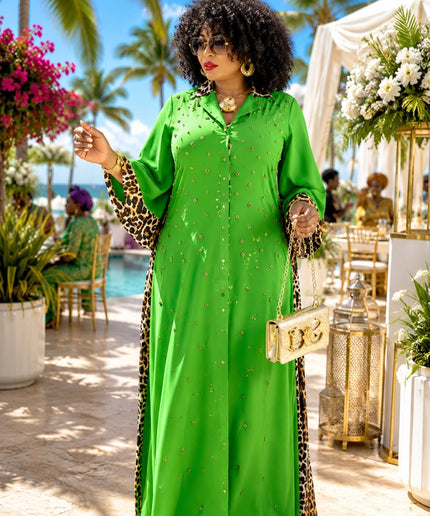 Luxury Green Embellished Leopard Bubu Kaftan Maxi Dress for Birthday Cocktail Dinner Party Wedding Guest Church Weekend Get-Together Outfit