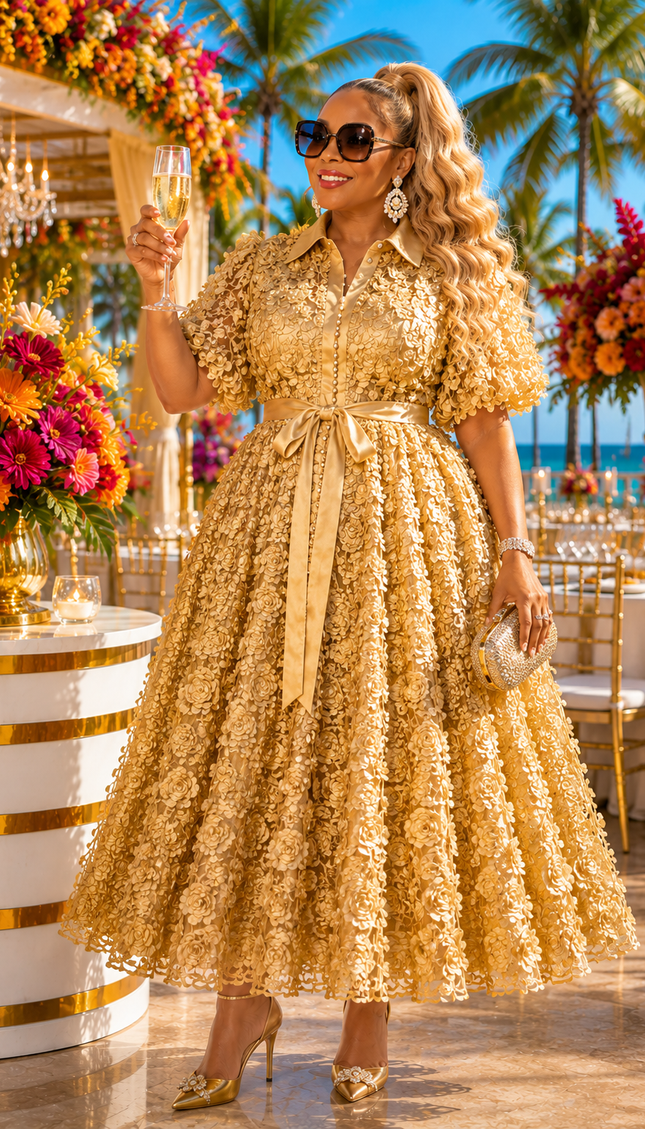 "It's Giving Luxury" White 3D Flower Pleated Maxi Dress for Wedding Guest Church Anniversary Birthday Tea Cocktail Reception Engagement Ceremony Party Outfit