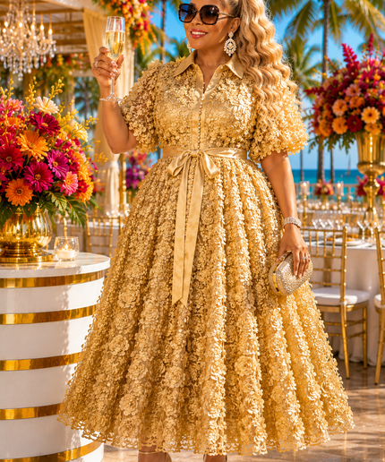 "It's Giving Luxury" White 3D Flower Pleated Maxi Dress for Wedding Guest Church Anniversary Birthday Tea Cocktail Reception Engagement Ceremony Party Outfit