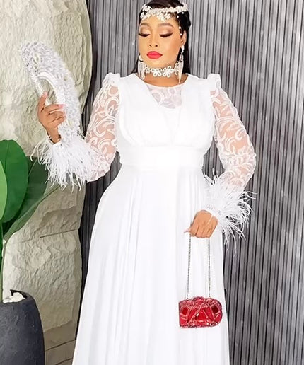 Sequin Feather Detail Sleeve Evening Gown