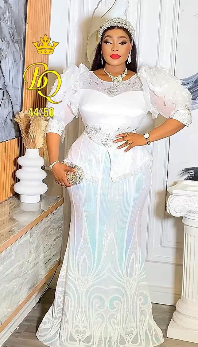 White Dramatic Sleeve Sequin Peplum Maxi Dress