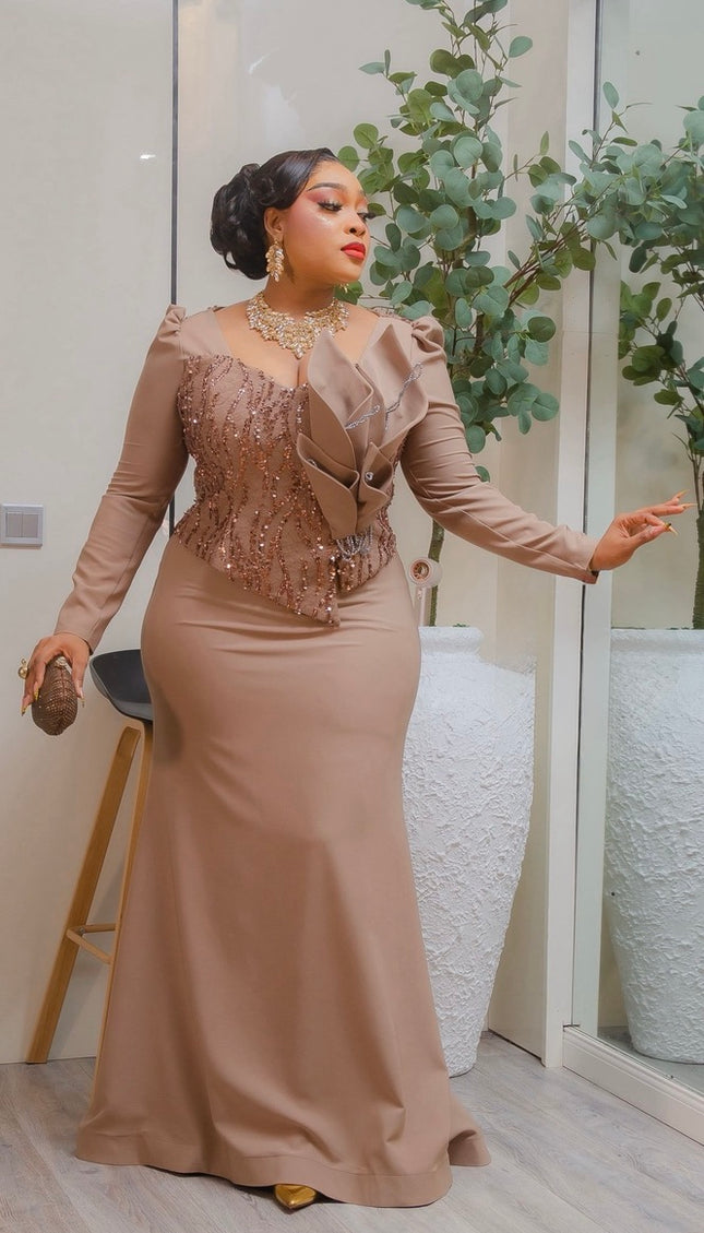 Dramatic Brown 3D Floral Applique Embellished Mermaid Dress Formal Evening Gown for Black Tie Attire Wedding Guest Mother of The Bride Photoshoot Anniversary Gala Cocktail Birthday Party