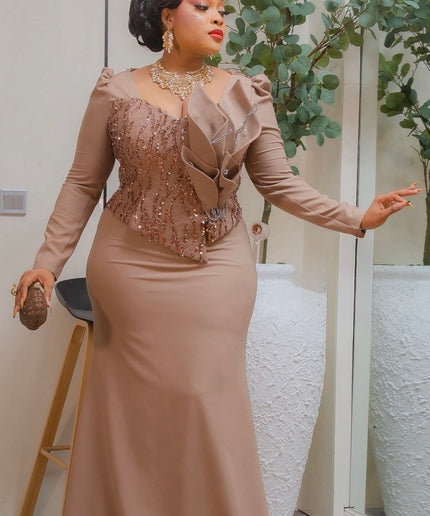 Dramatic Brown 3D Floral Applique Embellished Mermaid Dress Formal Evening Gown for Black Tie Attire Wedding Guest Mother of The Bride Photoshoot Anniversary Gala Cocktail Birthday Party