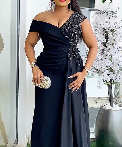 Black One-Shoulder Embellished Mother of The Bride Mermaid Dress Side Slit and Drape, Mother of The Bride Maxi Gown Party Birthday Dinner Celebrant Worthy