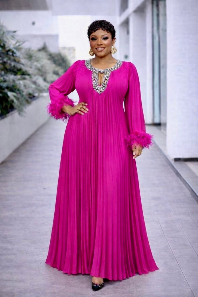 Classy Pink Rhinestone Feathered Pleated Twirl Skater Chiffon Maxi Dress, Wedding Guest Cocktail Gala Birthday Party Dinner