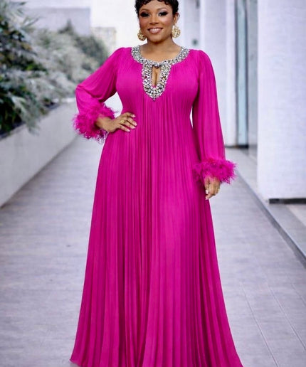 Classy Pink Rhinestone Feathered Pleated Twirl Skater Chiffon Maxi Dress, Wedding Guest Cocktail Gala Birthday Party Dinner