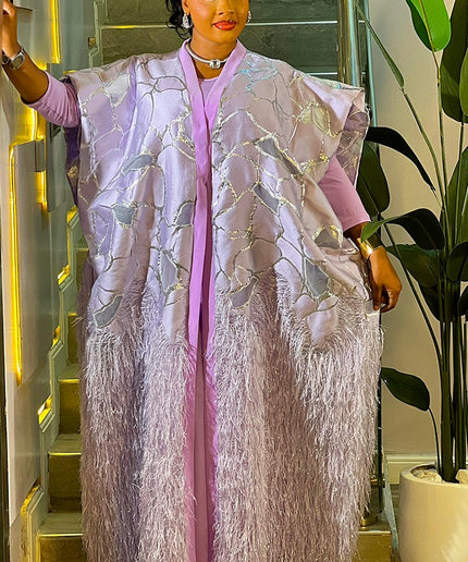 Metallic Green Feathered Brocade Kaftan Dress 2-Piece Set for Wedding Guest Engagement Ceremony Mother of The Bride
