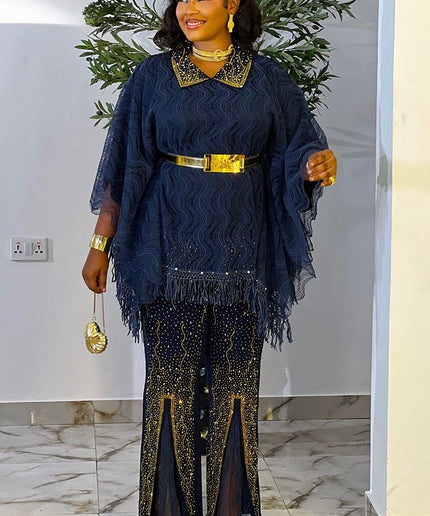 Black Lacey Rhinestone-Embellished Cape Top & Split Pants 2-Piece Party Outfit: Birthday Photoshoot Graduation Cocktail Wedding Dinner