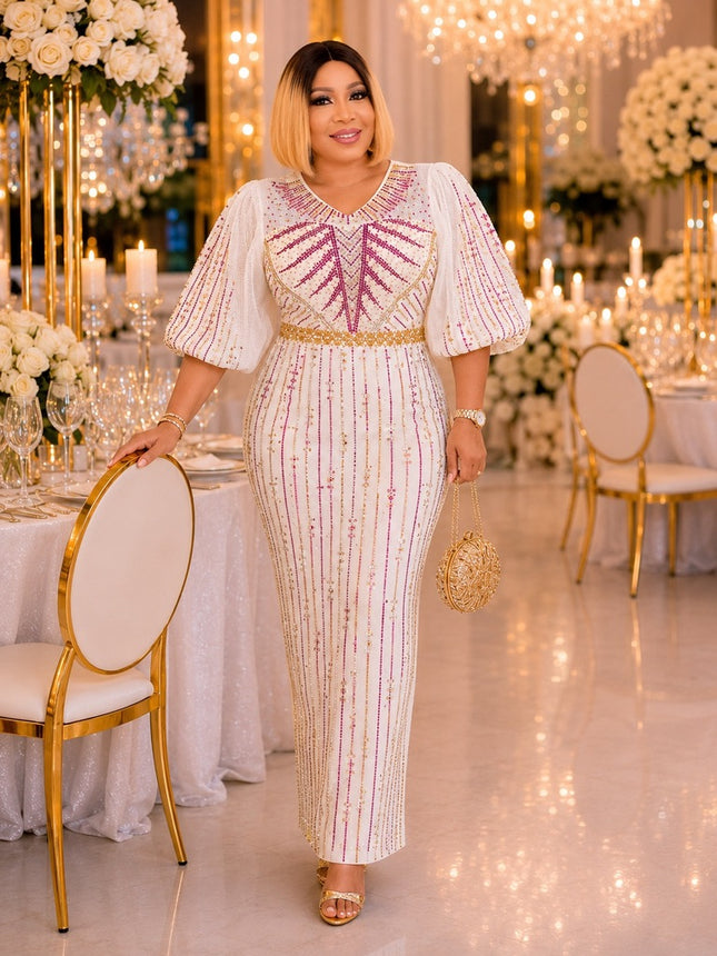 White Rhinestone Embellished Puff Sleeve Maxi Dress for Party Birthday Cocktail Dinner Wedding Guest Mother of The Bride Outfit