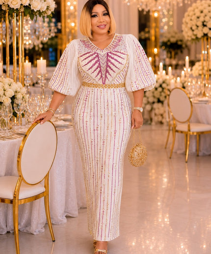 White Rhinestone Embellished Puff Sleeve Maxi Dress for Party Birthday Cocktail Dinner Wedding Guest Mother of The Bride Outfit