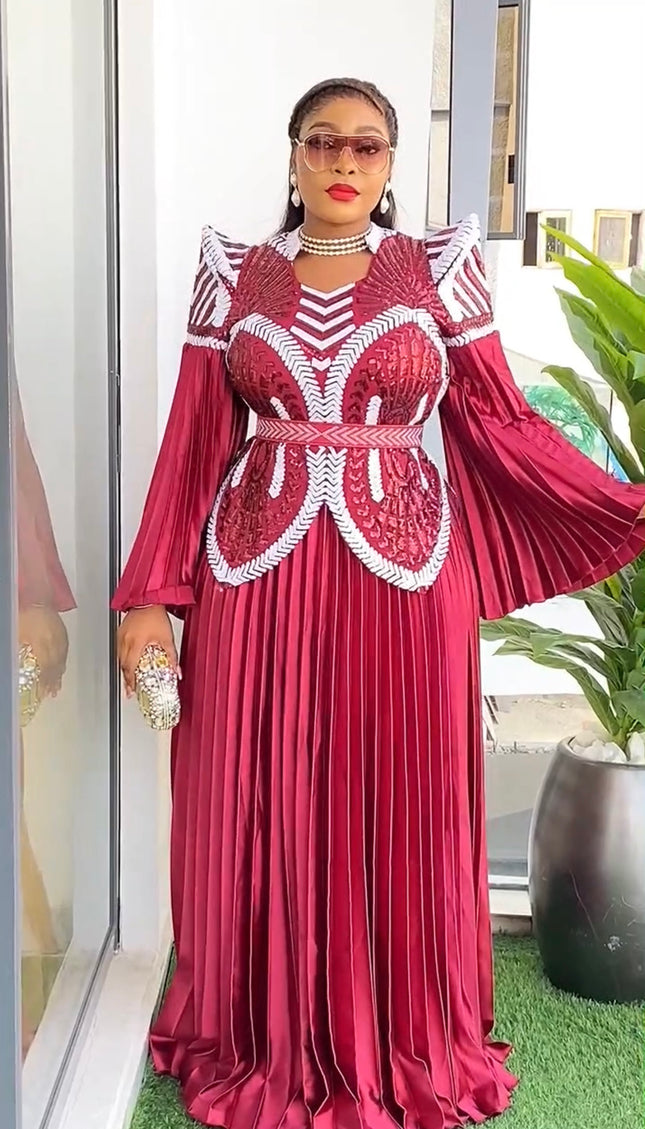 Sequin Pointed Shoulder Pleated Maxi Dress | Wedding Guest Birthday Party Gala