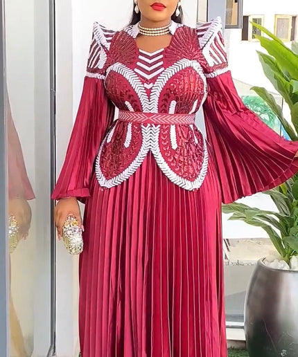 Sequin Pointed Shoulder Pleated Maxi Dress | Wedding Guest Birthday Party Gala