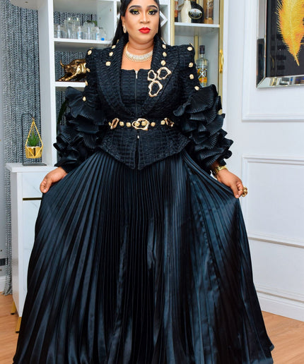 Statement Champagne Gold Ruffle Sleeve Top and Sunburst Pleated A-Line Skirt, Matching 2-Piece Outfit Set