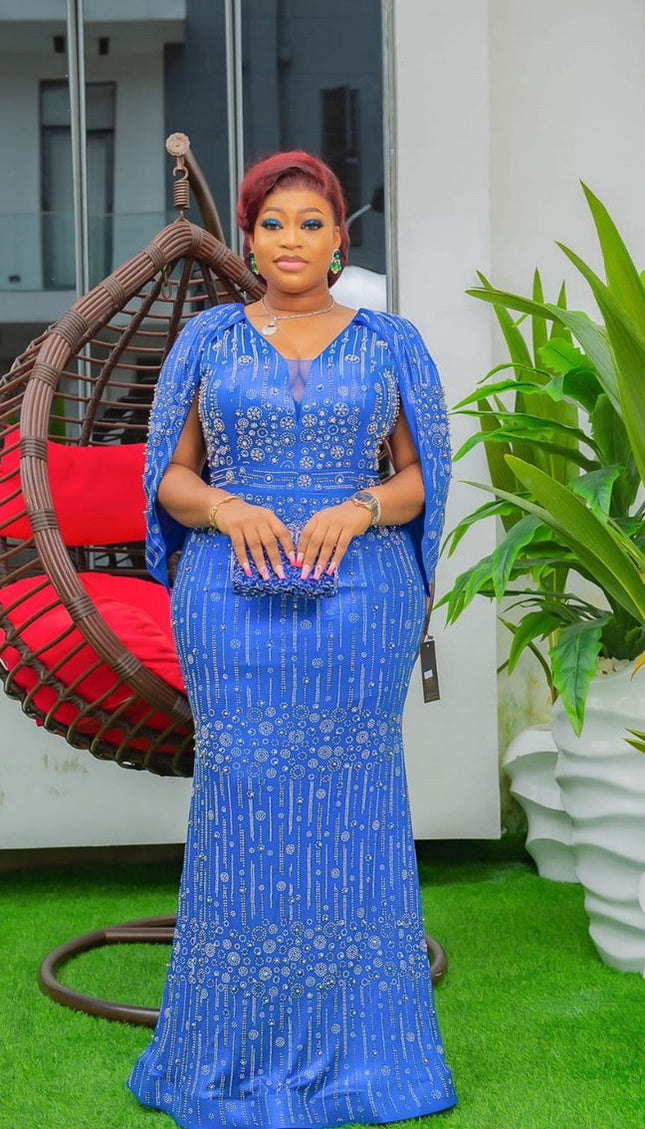 Metallic Orange Embellished Cape Sleeve Mermaid Gown