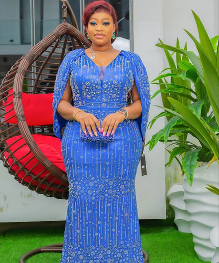 Metallic Orange Embellished Cape Sleeve Mermaid Gown