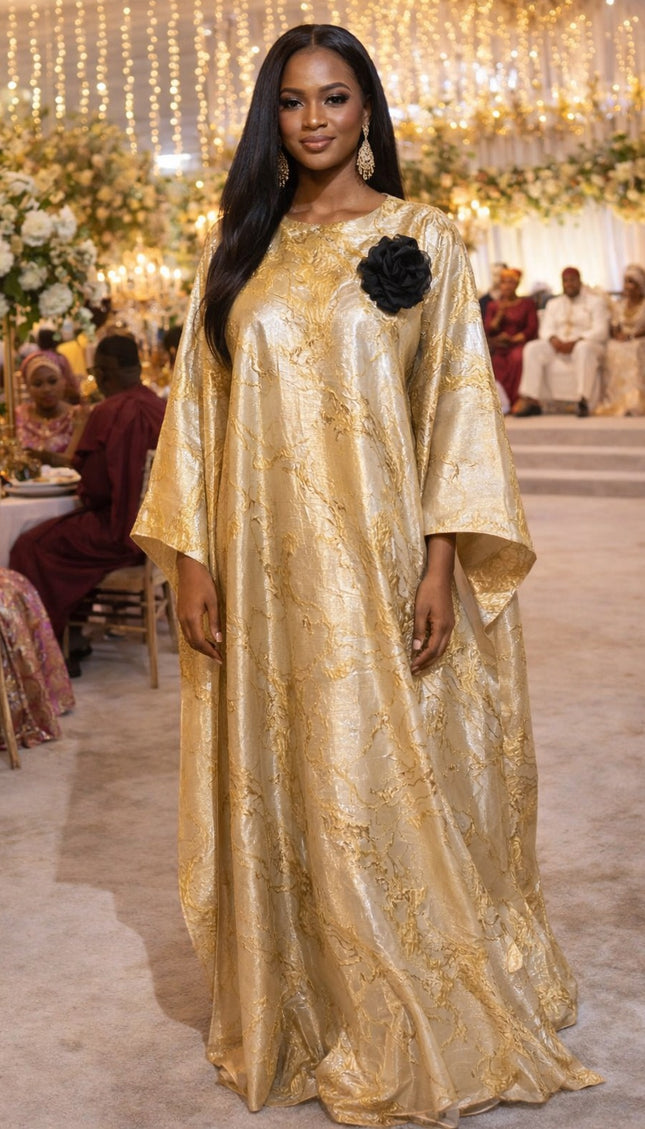 Gold Brocade Kaftan Dress with Detachable Flower, African Bubu Wedding Guest Gown, Mother of The Bride Formal Evening Attire