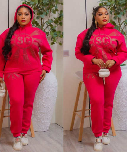 Pink Rhinestone-Embellished Sweatshirt & Jogger Pants Set, Matching 2-Piece Outfit
