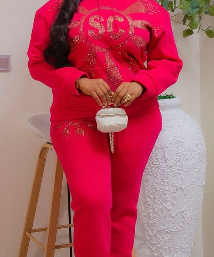 Pink Rhinestone-Embellished Sweatshirt & Jogger Pants Set, Matching 2-Piece Outfit