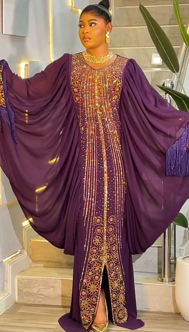 Black Kaftan Tasseled Dress with Rhinestones, African Bubu Wedding Guest Attire Abaya Mother of The Bride Outfit