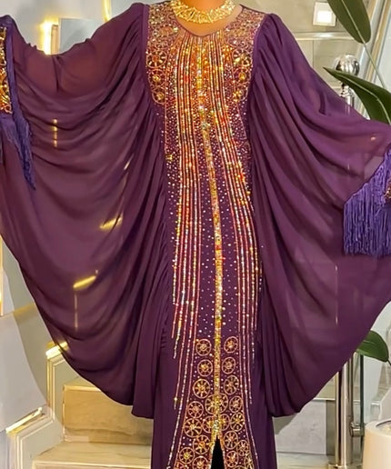Kaftan Tasseled Dress with Rhinestones, African Bubu Wedding Guest Attire Abaya Mother of The Bride Outfit