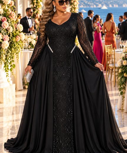 "Watch Me Walk In" Beige Sequin Beaded Draped Maxi Dress Wedding Guest Mother of The Bride Cocktail Reception Celebrant Birthday Party Formal Evening Gown Plus Size