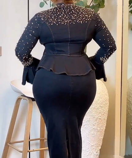 Luxury Denim & Diamonds 2-Piece Set, Matching Curvy Stretch Jeans Rhinestone Peplum Top & Skirt - Birthday Party Outfit Concert Ladies Night Casual Wear