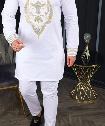 African Men's Outfit Embellished Embroidered Shirt Pants Cotton
