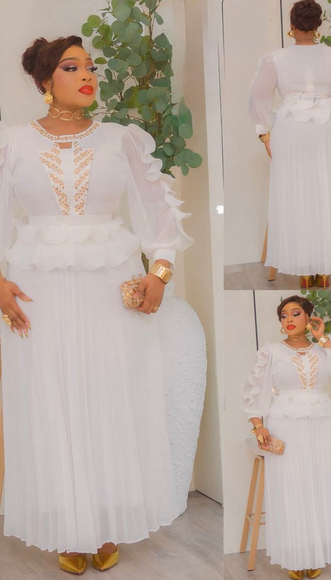 White Ruffle Sleeve Peplum Pleated Dress Wedding Guest Mother of The Bride Church Gala Anniversary Cocktail