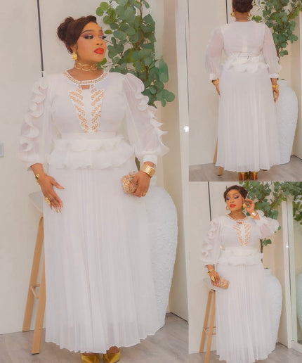 White Ruffle Sleeve Peplum Pleated Dress Wedding Guest Mother of The Bride Church Gala Anniversary Cocktail