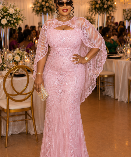 Brown Beaded Embellished Off-The-Shoulder Cape Mermaid Dress for Party Cocktail Wedding Guest Birthday Photoshoot Mother of The Bride Gala