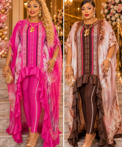 Bring The Drama Pink Rhinestone Ruffle Kaftan & Leggings 2-Piece Party Outfit for Summer Wedding Guest Birthday Party Cocktail Dinner