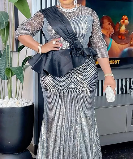 Sequin Peplum Wedding Guest Dress, Plus Size Mother of The Bride Mermaid Gown, Graduation Anniversary Birthday Party