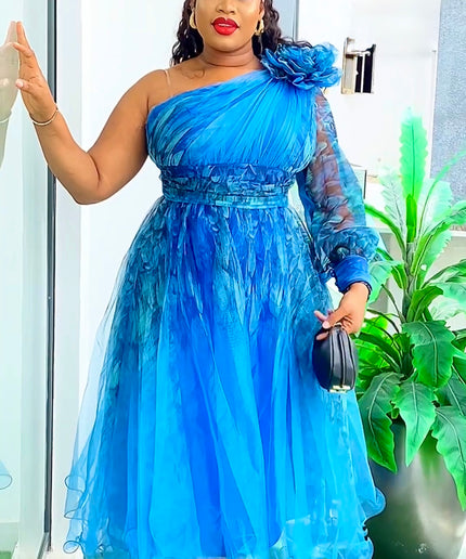 One Shoulder Gold Summer Wedding Guest Dress, Curvy Mother of The Bride A Line Dress Rosette Tea Length Twirl Midi, Plus Size Party Cocktail Gala
