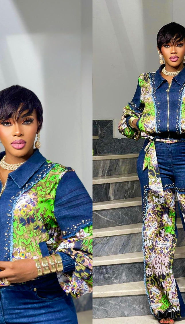 Dramatic Denim & Diamonds 2-Piece Set, Rhinestone Stretch Curvy Cotton Jeans, Birthday Party Dinner Outfit