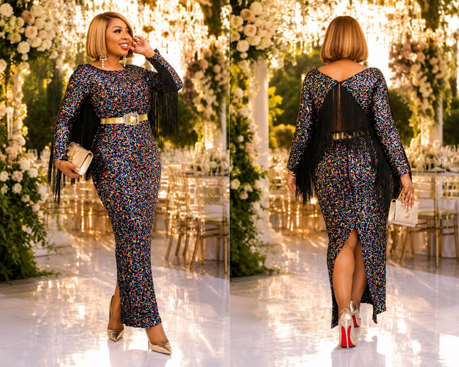 Statement Multi Colored Sequin Backless Tassel Dress for Birthday Cocktail Wedding Guest Formal Evening Party Outfit