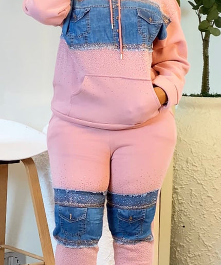 Pink Rhinestone Denim-Embellished 2-Piece Jogger Set for Women
