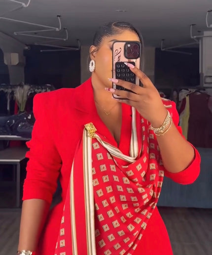 Classy Red Embellished Women's Suit 2-Piece Set, Scarf Top & Pants: Graduation Outfit Wedding Guest Sunday Service Birthday Photoshoot