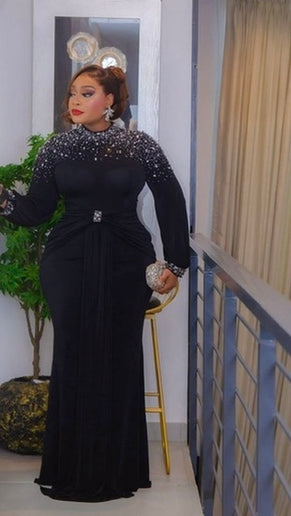 Classy Gold Rhinestone Embellished Ruched Maxi Dress, Formal Draped Evening Gown Anniversary Dinner Gala Cocktail Party Wedding Guest