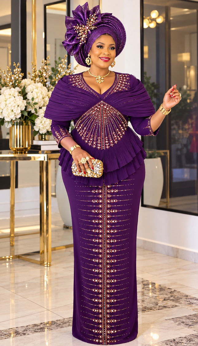 "All Eyes On Me" Purple Rhinestone Embellished Sculptural Shoulder Ruffle Peplum Maxi Dress for Wedding Cocktail Reception Church Anniversary Gala Dinner Mother of The Bride Birthday Party Guest Plus Size