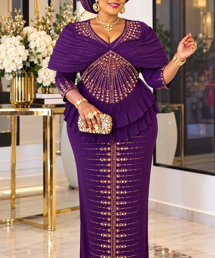 "All Eyes On Me" Purple Rhinestone Embellished Sculptural Shoulder Ruffle Peplum Maxi Dress for Wedding Cocktail Reception Church Anniversary Gala Dinner Mother of The Bride Birthday Party Guest Plus Size
